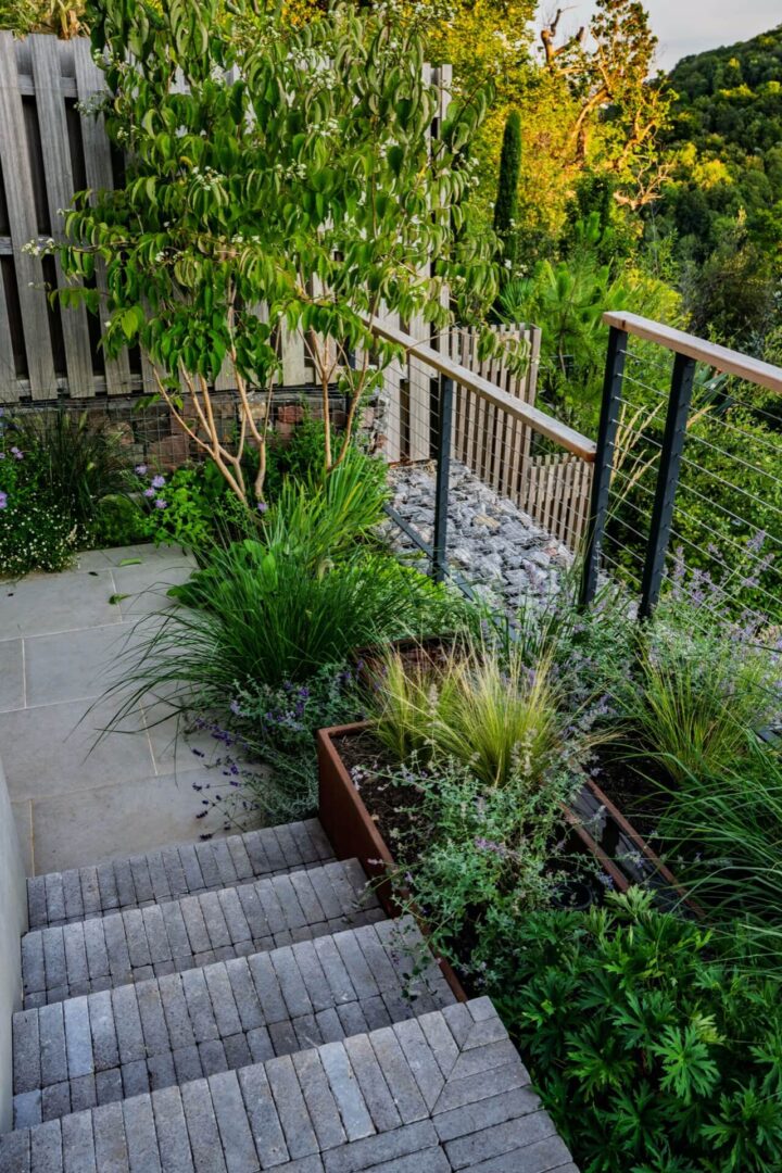 Angle of terraced garden showing steps and steel and cedar powder-coated balustrade