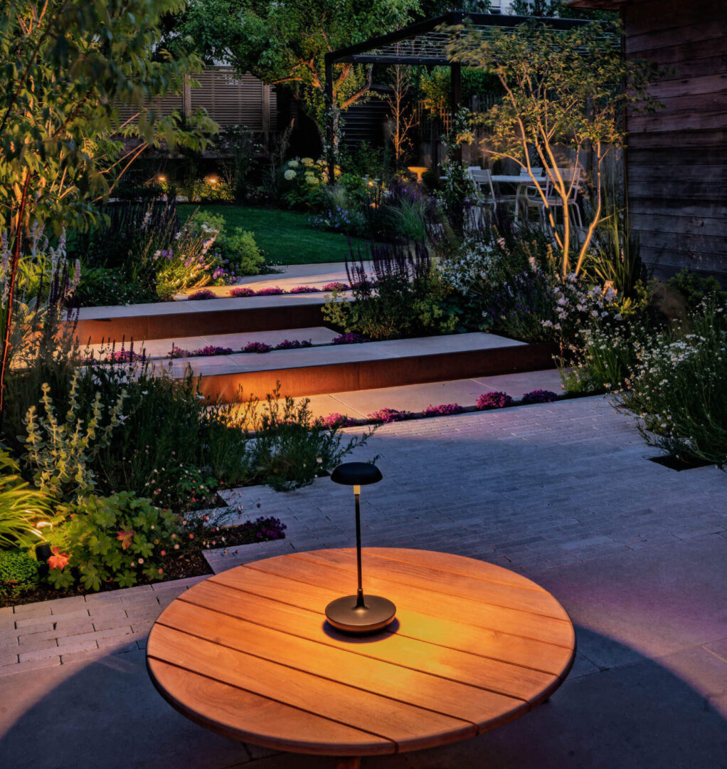 Contemporary garden design, shot at dusk with outdoor lights highlighting plants and branches of trees.